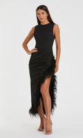 Velveis | Feather‑Trim Midi Dress for Wedding Guests and Special Celebrations