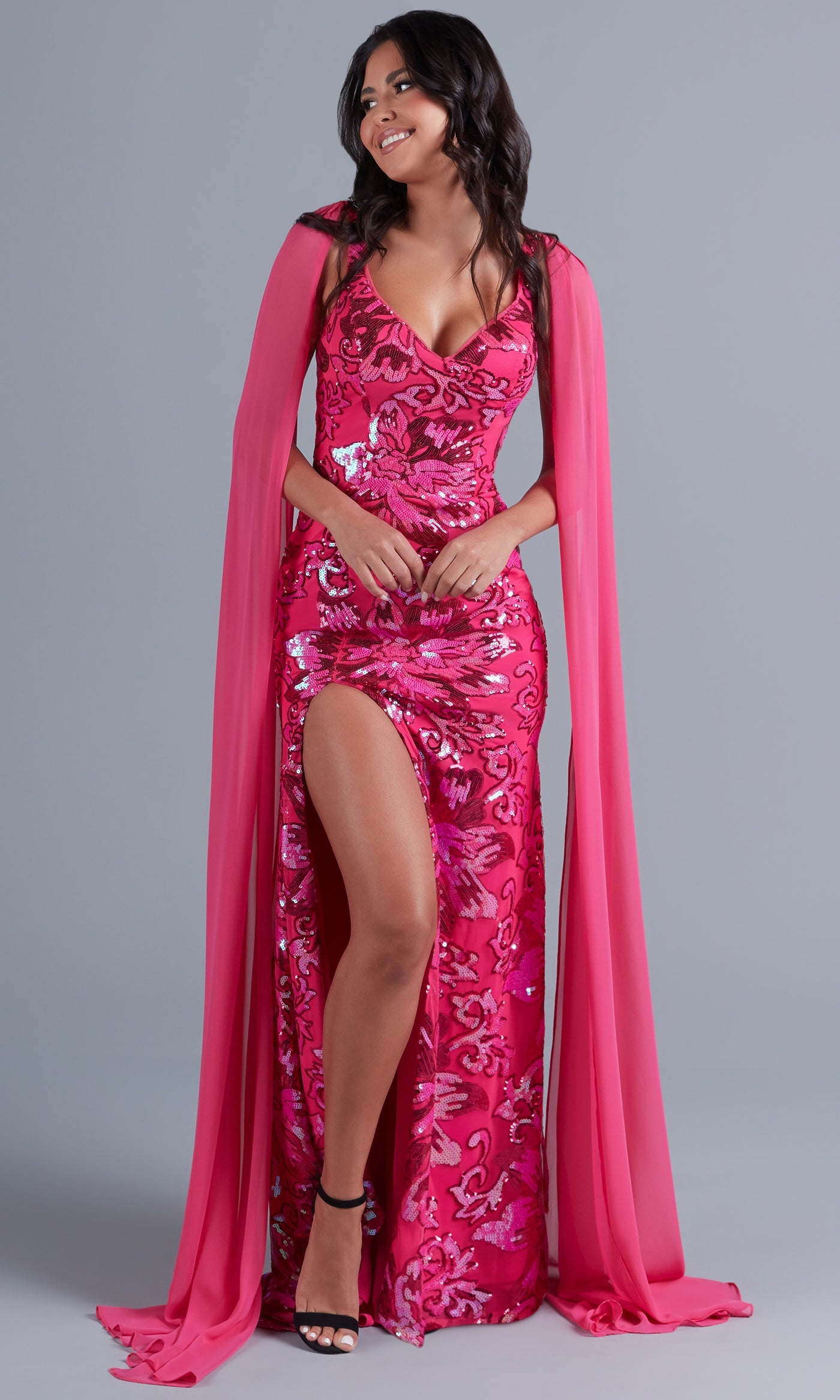 Velveis | Long Sequin Floor-Length Evening Gown with Flowing Cape Detail