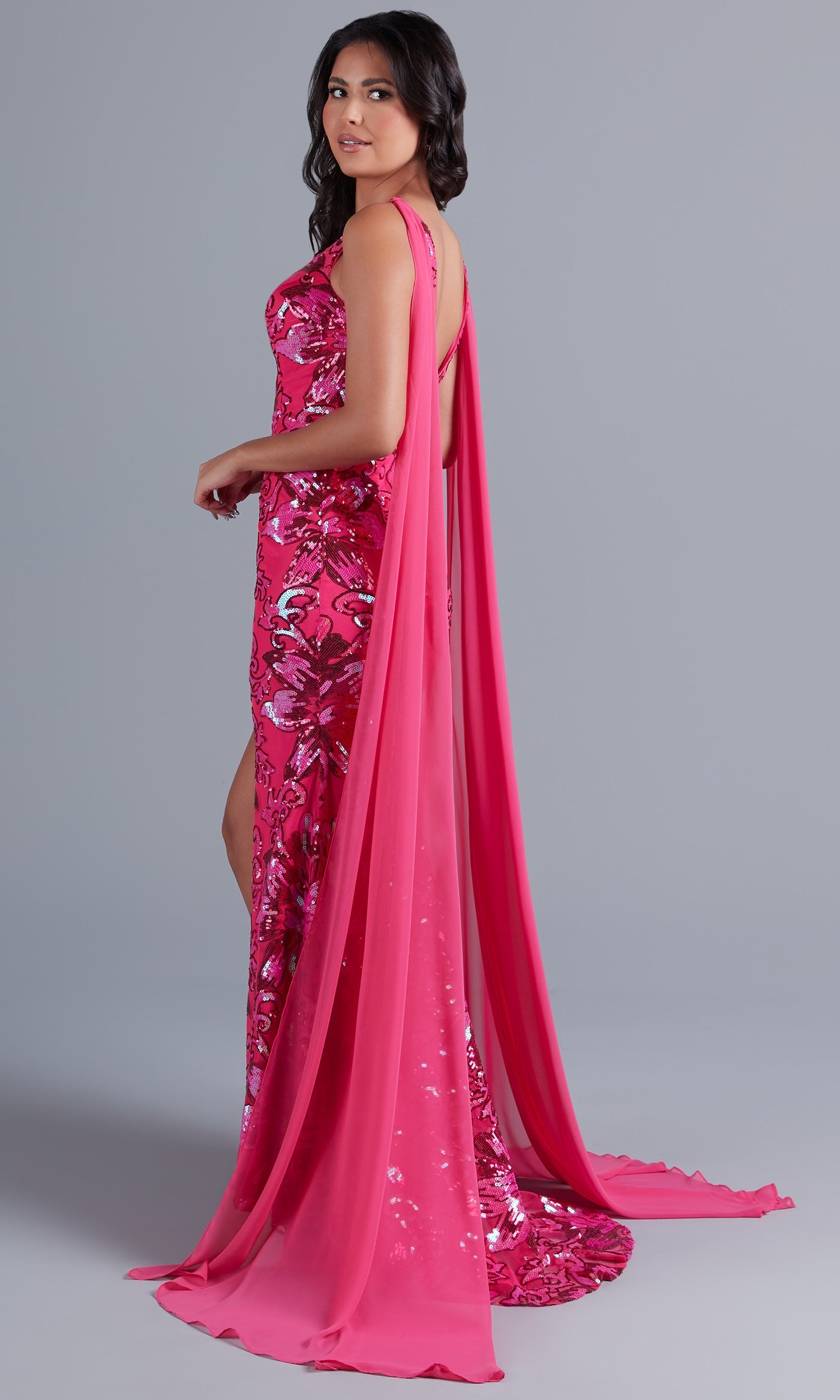 Velveis | Long Sequin Floor-Length Evening Gown with Flowing Cape Detail