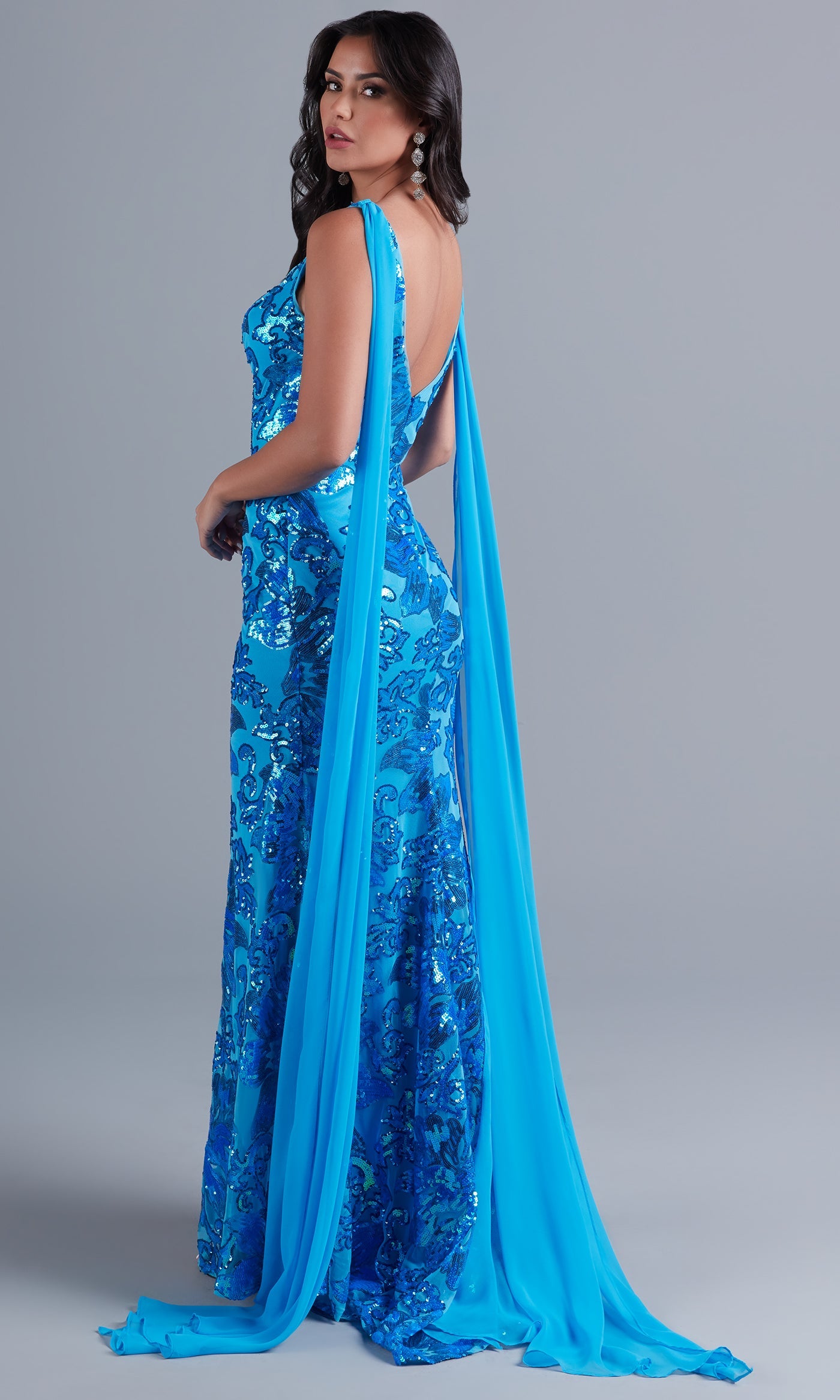 Velveis | Long Sequin Floor-Length Evening Gown with Flowing Cape Detail
