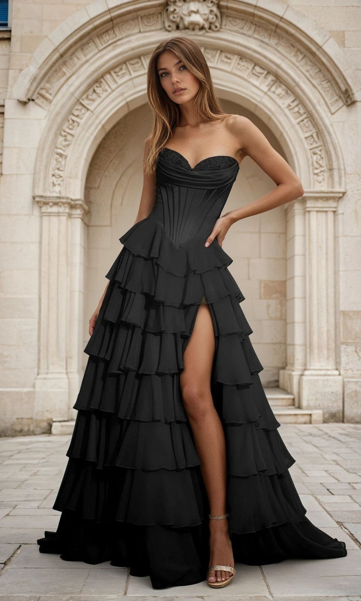 Velveis | Strapless Ruffled Floor-Length Ball Gown for Prom and Formal Events