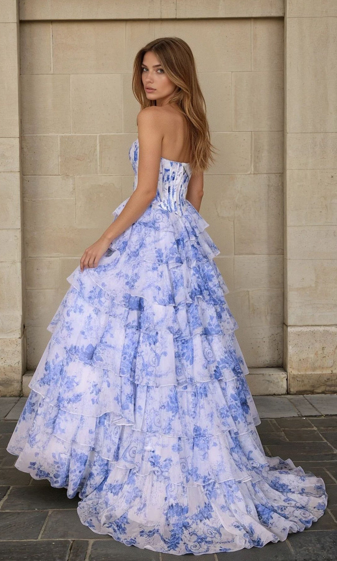 Velveis | Blue Floral Floor-Length Ball Gown for Prom and Formal Events