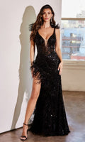 Velveis | Feather-Accented Black Beaded Floor-Length Evening Gown for Formal Occasions