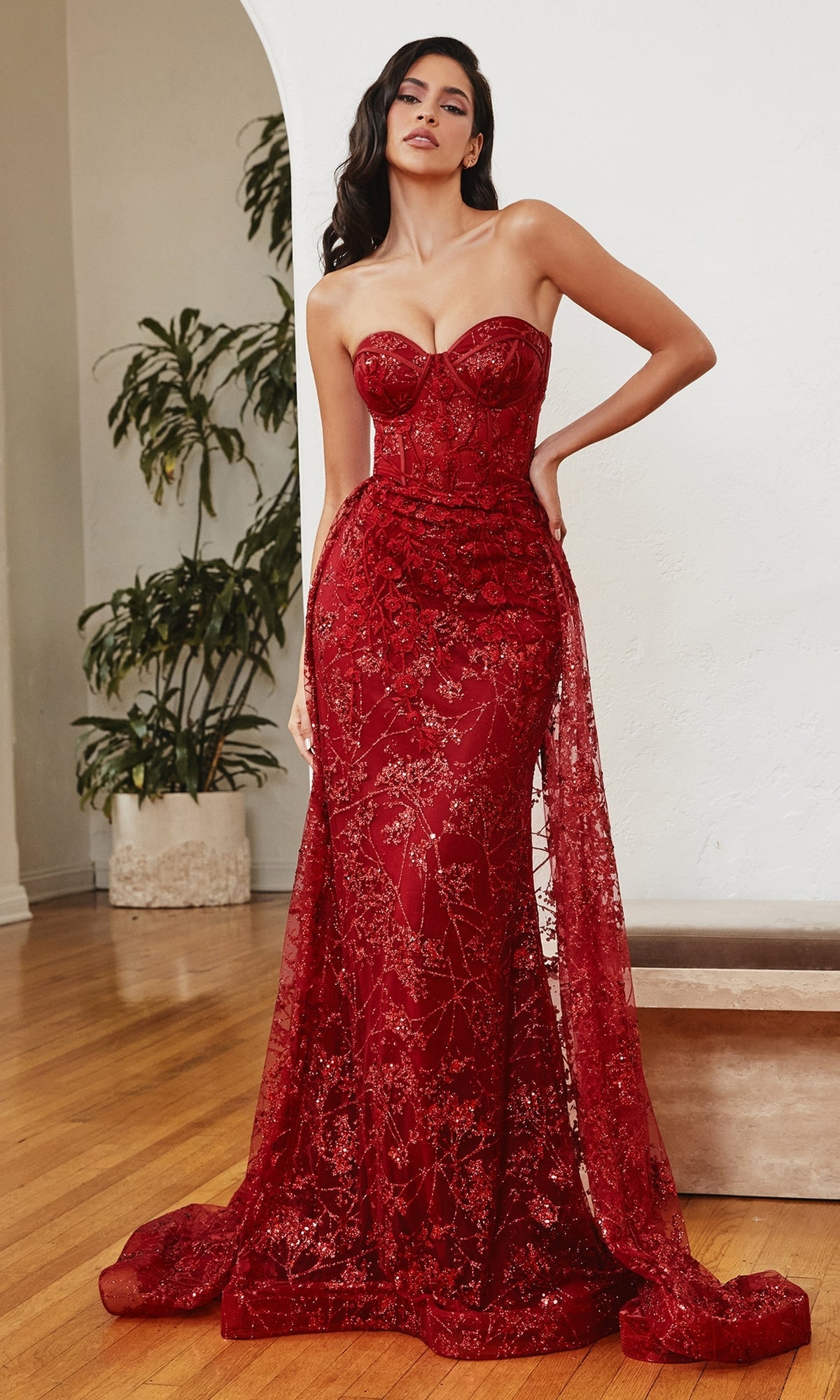 Velveis | Strapless Glitter-Pattern Floor-Length Evening Gown with Structured Bodice