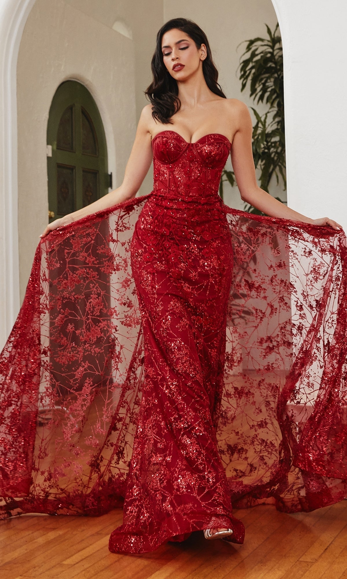 Velveis | Strapless Glitter-Pattern Floor-Length Evening Gown with Structured Bodice