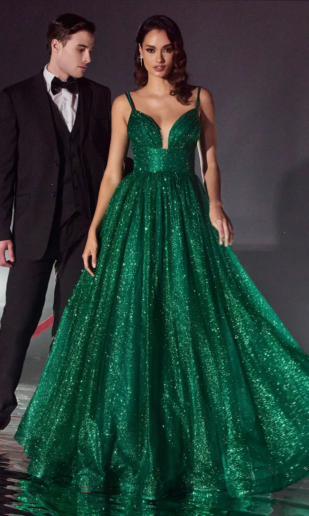 Velveis | Glitter Floor-Length Ball Gown with Corset-Style Back for Formal Events