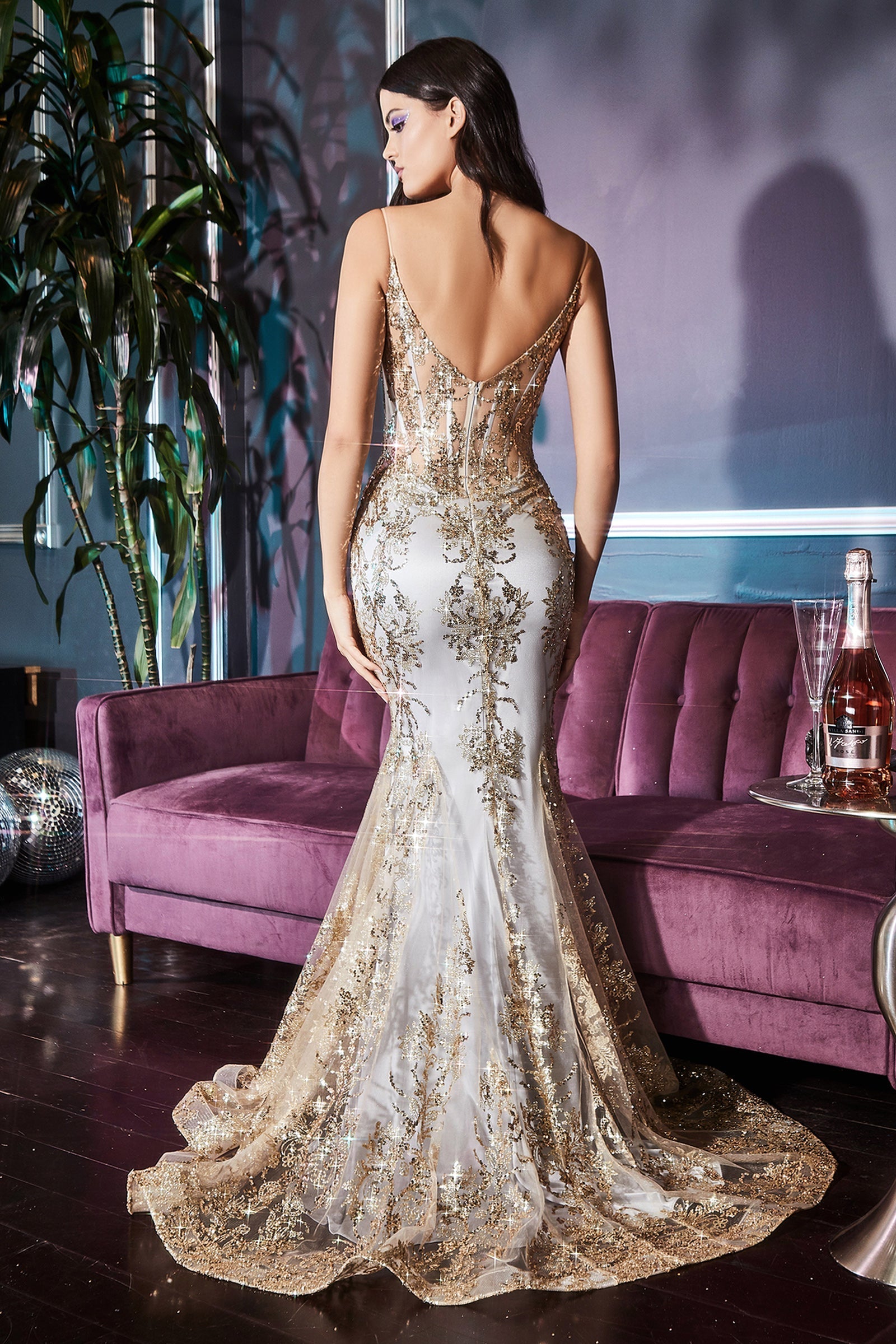 Velveis | Glamorous Metallic-Lace Long Mermaid Prom Gown