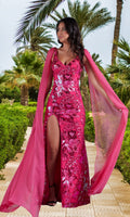 Velveis | Long Sequin Floor-Length Evening Gown with Flowing Cape Detail
