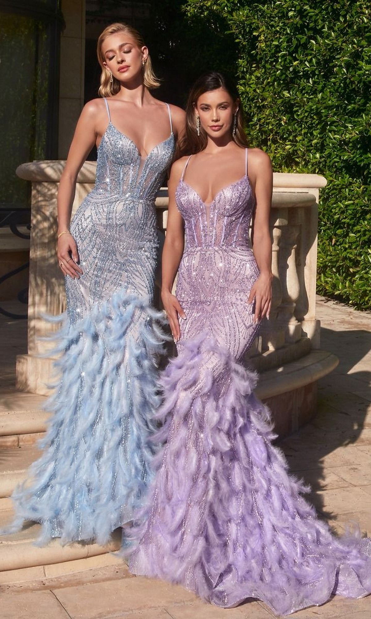 Velveis | Glamorous Feather-Trim Long Beaded Mermaid Prom Gown