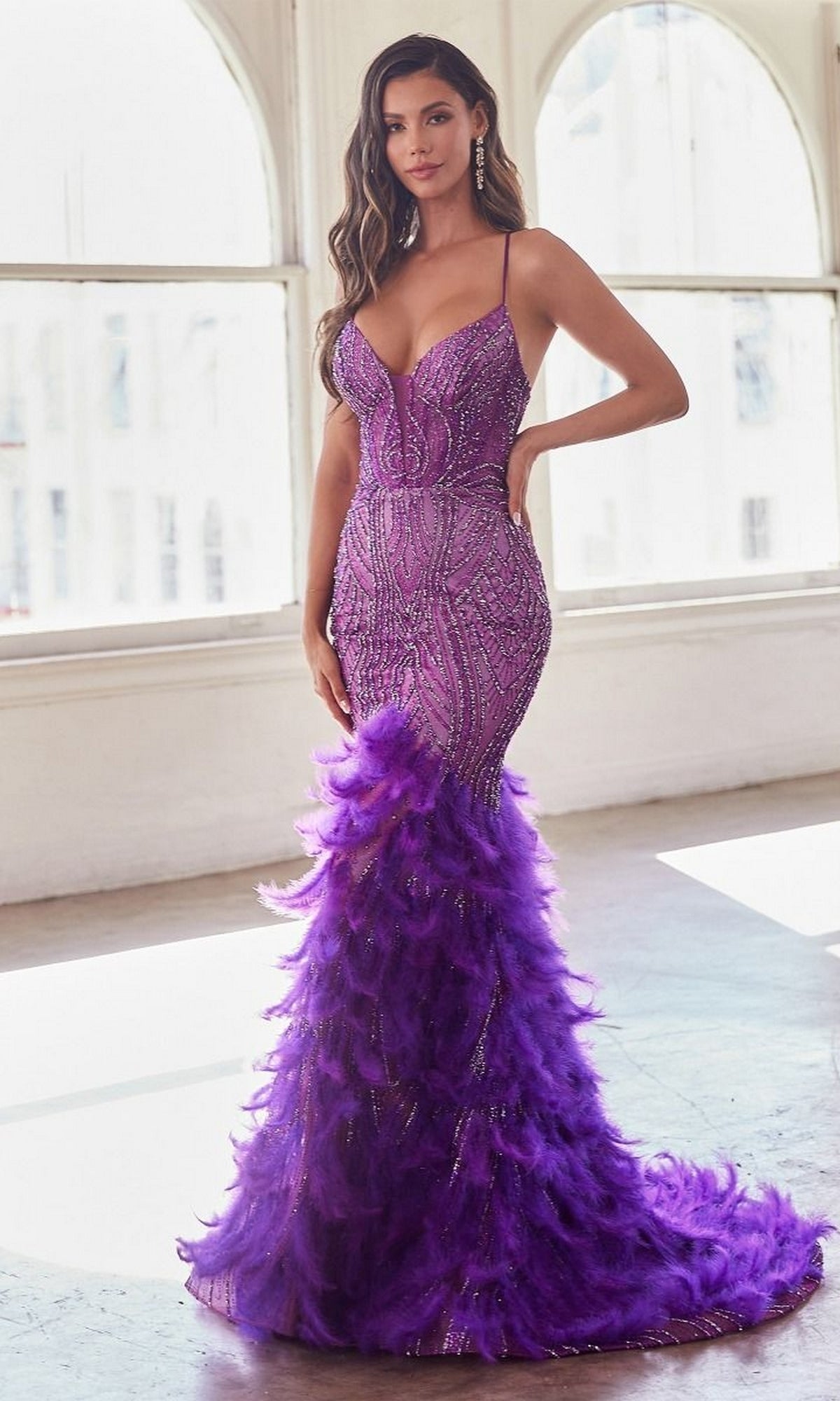Velveis | Glamorous Feather-Trim Long Beaded Mermaid Prom Gown