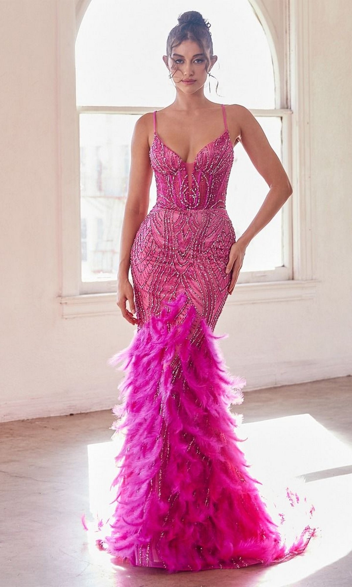 Velveis | Glamorous Feather-Trim Long Beaded Mermaid Prom Gown