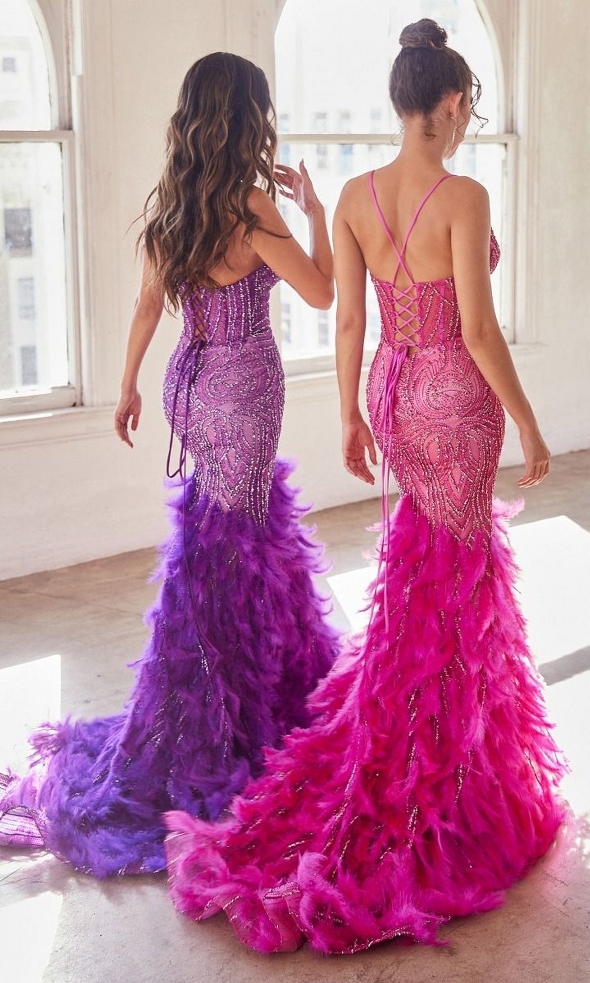 Velveis | Glamorous Feather-Trim Long Beaded Mermaid Prom Gown