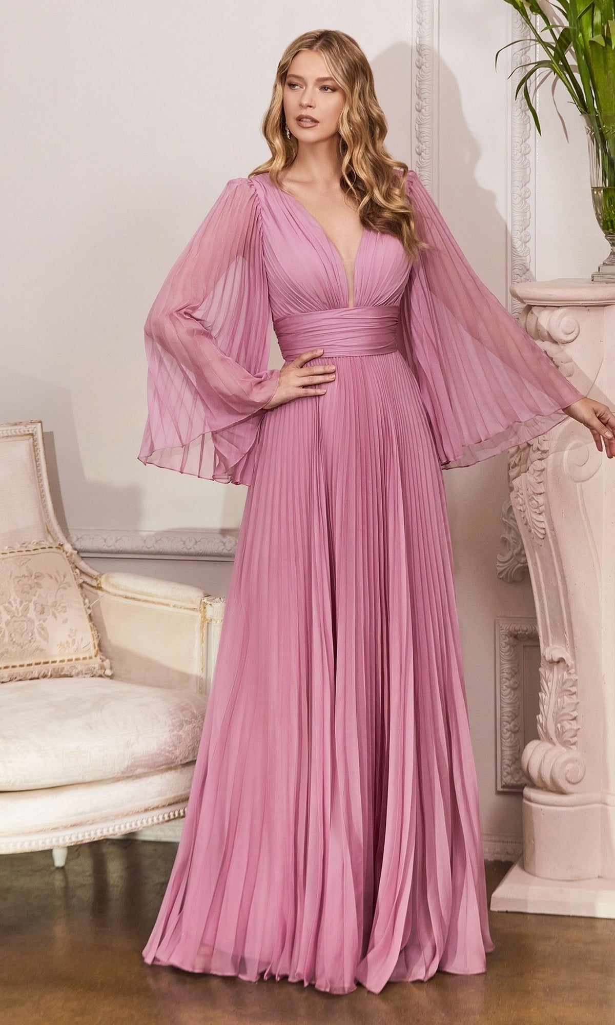 Velveis | Elegant Long Bell-Sleeve Pleated Formal Gown