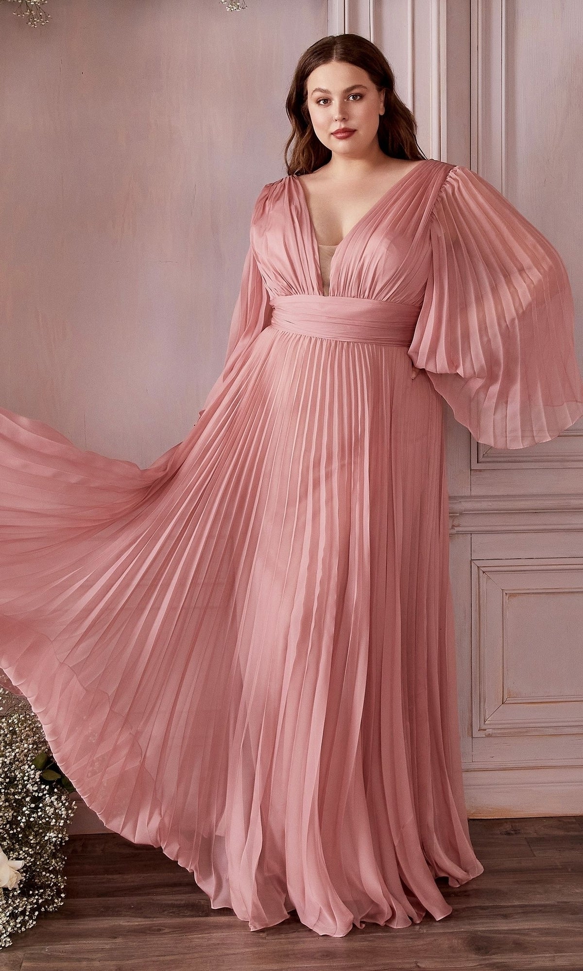 Velveis | Elegant Long Bell-Sleeve Pleated Formal Gown