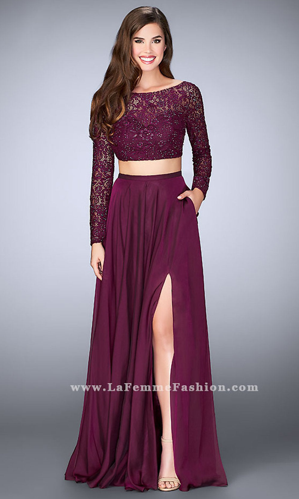 Velveis | Two-Piece Floor-Length Chiffon Evening Gown with Long Sleeves