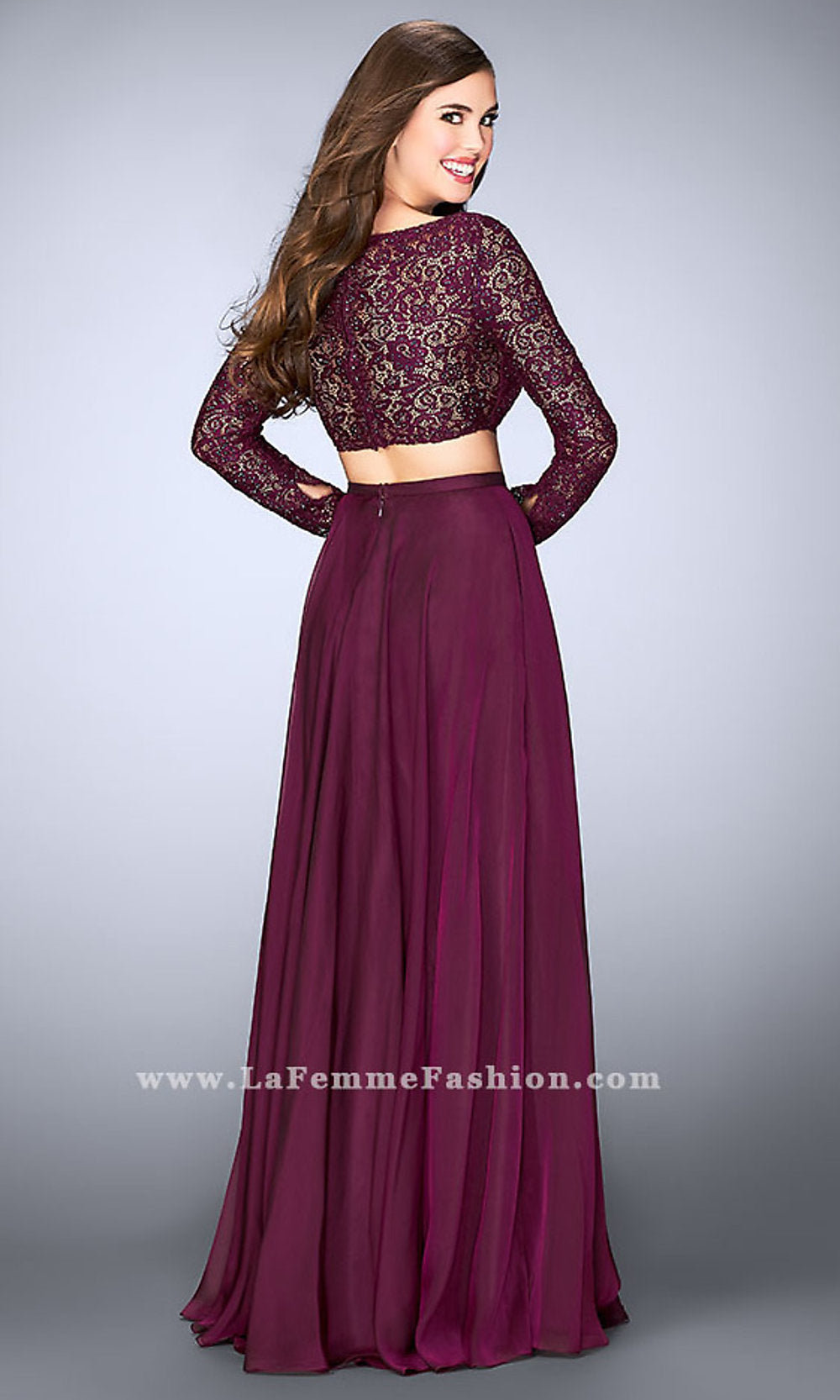 Velveis | Two-Piece Floor-Length Chiffon Evening Gown with Long Sleeves